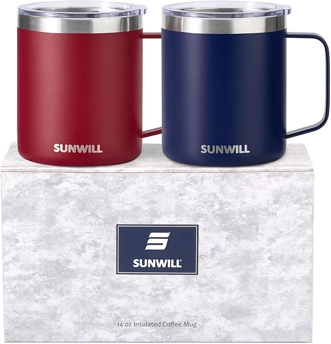 SUNWILL Travel Coffee Mug Set of 2, Insulated Tumbler with Lid, 14 oz Stainless Steel Cup with Handle for Camping, Office, Home, Powder Coated Navy Blue & Wine Red