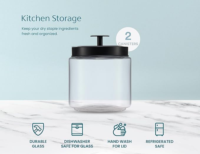 KooK Glass Kitchen Canister Set, Food & Storage Containers for Pantry, Bathroom Apothecary Jars, Tinplate tight Lids, Counter Organizers, 50 oz, Black, Set of 2