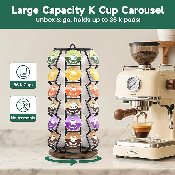 EsLuker.ly K Cup Coffee Pod Holder Organizer Carousel for Counter, Rotating Metal Rack Stand Small for 36 Pods Home Office Kitchen Storage, No Assembly Required, Black