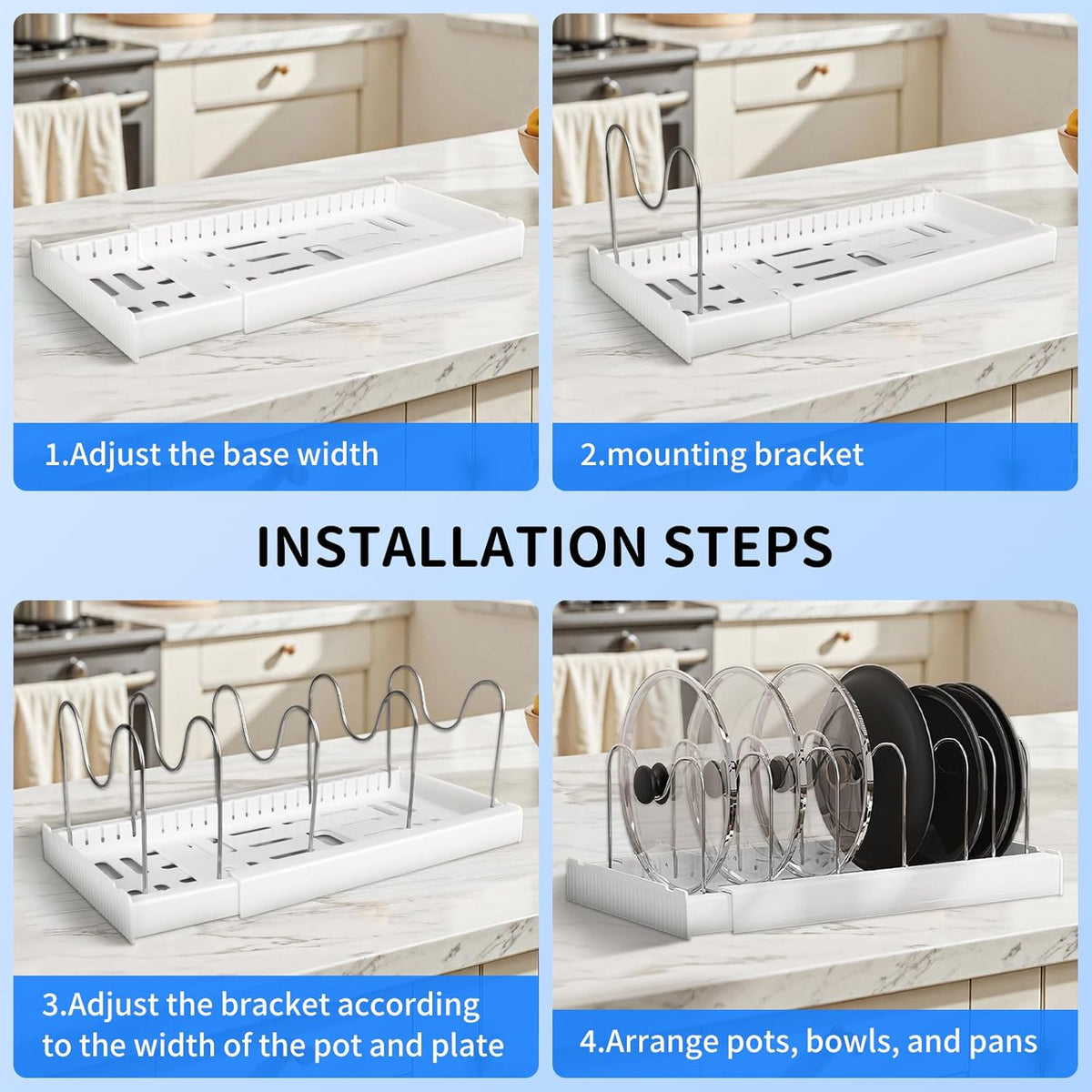 Expandable Pot Storage Rack for Kitchen Cabinets - Under-cabinet pot organizer, in-cabinet pot organizer, 10 adjustable compartments for pot lids, baking trays, cookware