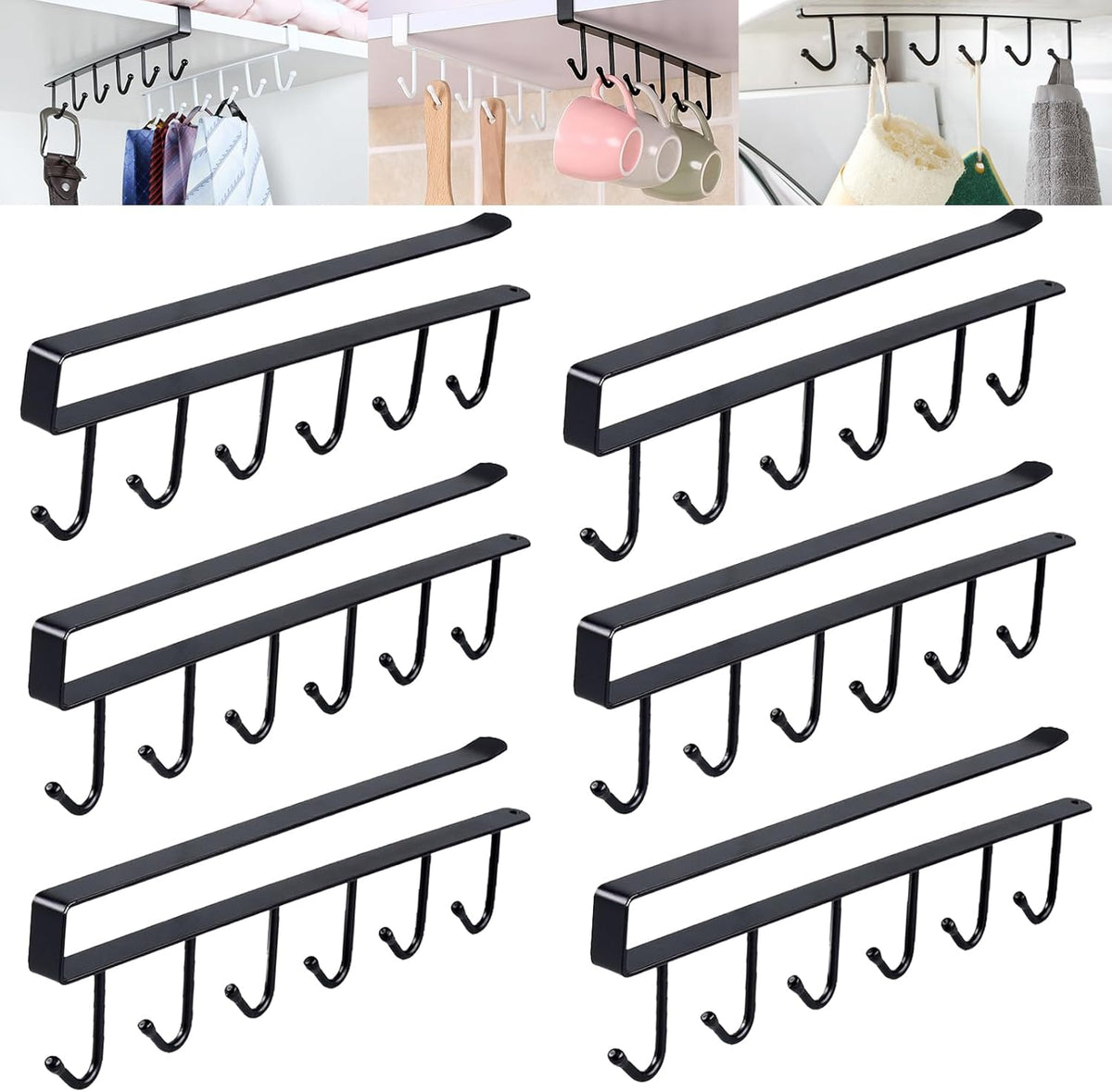 6PCS Mug Hooks Under Cabinet,Mug Holder Under Shelf,Coffee Cups Holder Hanger with 6 Hooks for Kitchen Utensils,Fit for 0.95 inch Thickness or Less,Drilling Free (Black)
