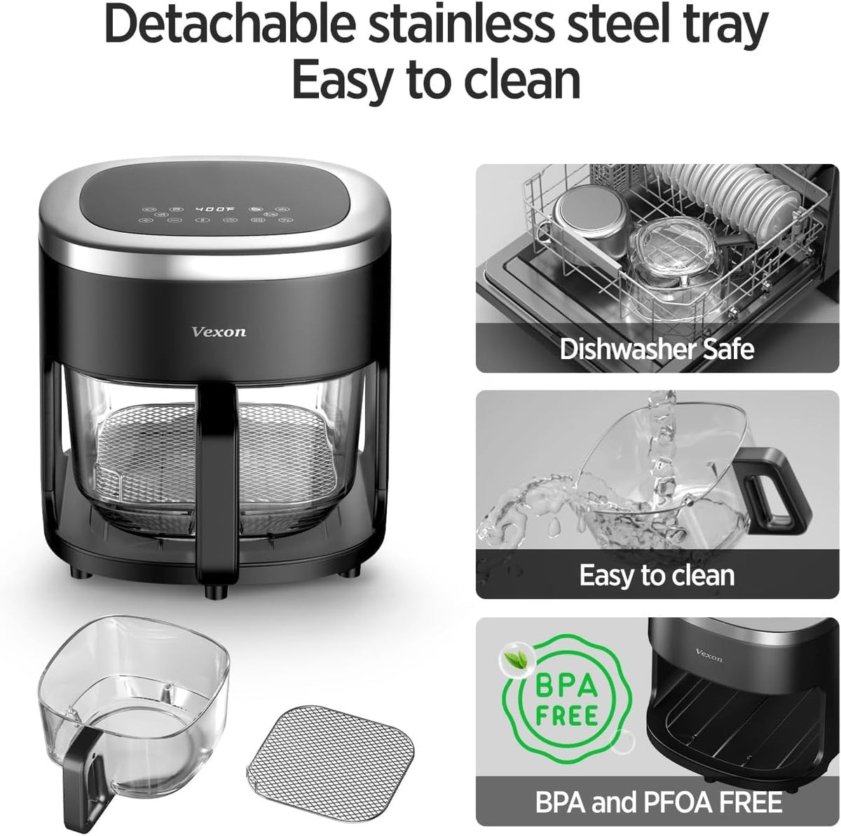 Glass Air Fryer,4.5QT Air Fryer with Viewing Glass Pot, Air Fry, Roast, Reheat, Dehydrate, Air Crisp Technology,Nonstick & Dishwasher Safe Basket,97% Less Oil,Features Digital Timer
