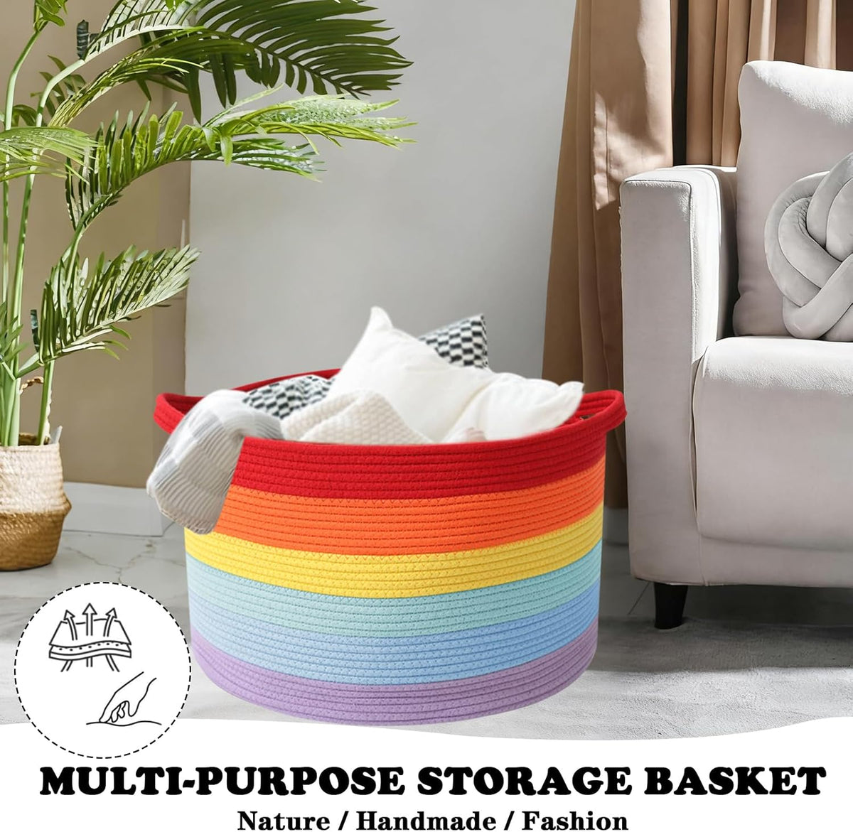Large Blanket Basket for Organizing,115L Closet Organizers and Storage Bins Box for Shelves Woven Rope Storage Baskets,Living Room,Bedroom,Dorm,Laundry room (Rainbow)