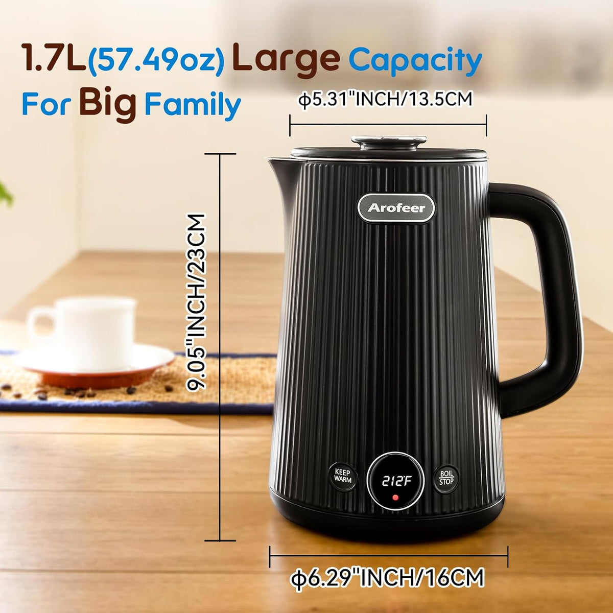 1.7L(57oz) Large Electric Kettle Temperature Control, 7+Cups Electric Tea Kettle for Coffee&Tea, 2 quarts Big Hot Water Kettle Electric with,1200W,Keep Warm-Black