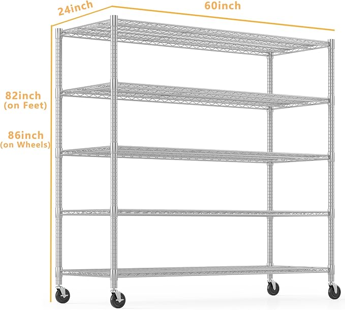 Himimi 60" W Storage Shelves, 5-Tier Wire Shelving with Wheels 3250LBS Heavy Duty Metal Shelves for Storage, Adjustable Wire Rack Shelving for Garage Kitchen Pantry 24" Dx60 Wx82 H, Silver