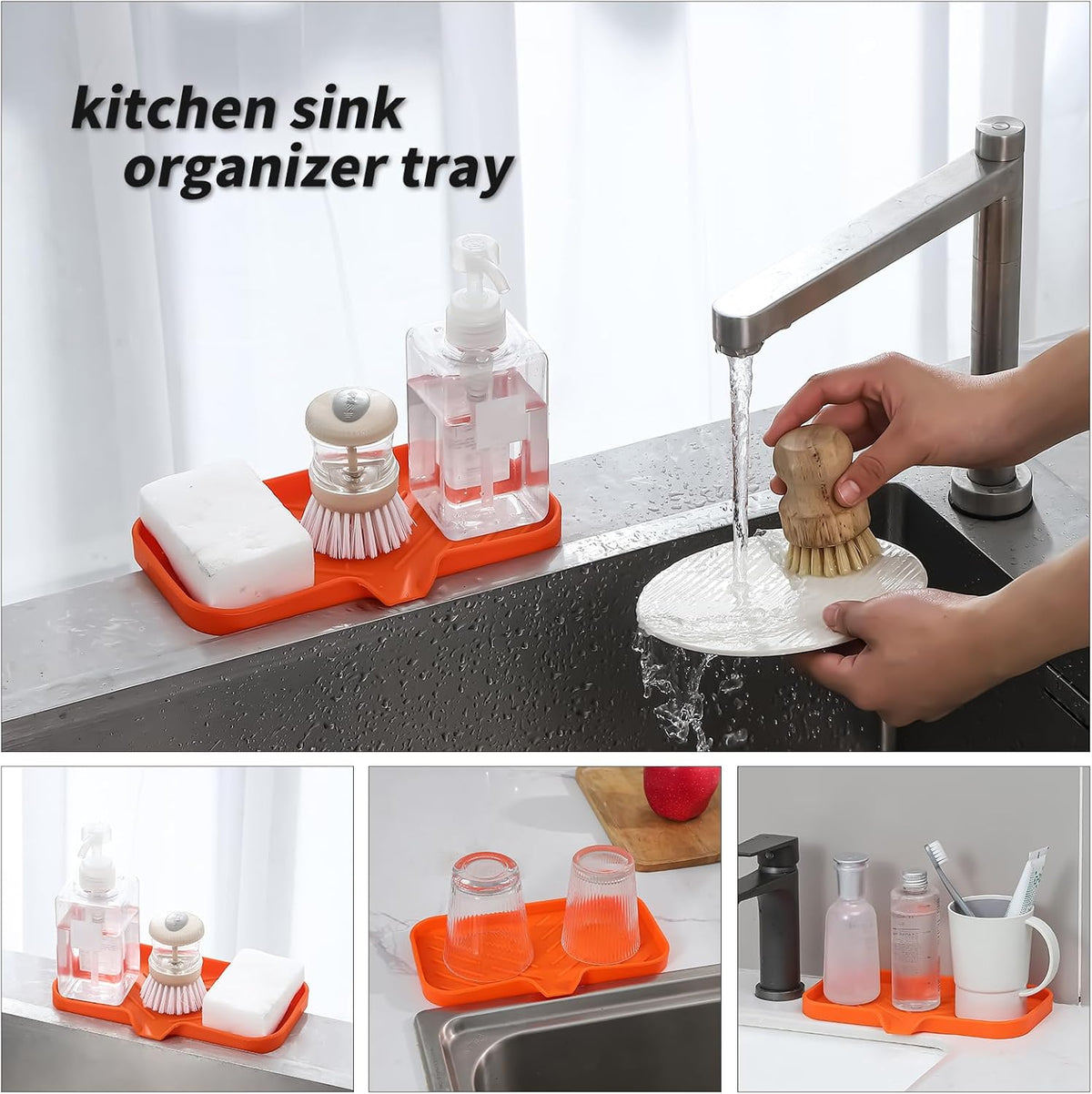 Silicone Bathroom Soap Dishes with Drain Spout-Bathroom and Kitchen Sink Organizer,Sponge Holder,Dish Soap Tray,Perfect for Dispenser,Scrubber,Bottle,Cup on Sink or Counter-Orange 9.6"×5.3"
