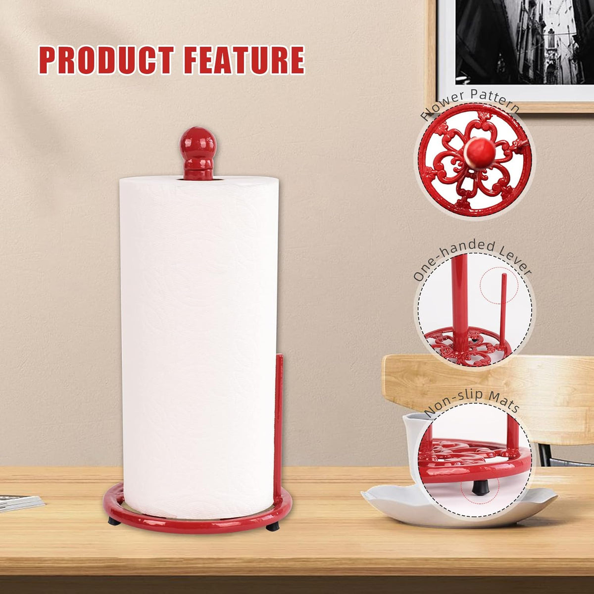 Vintage Red Cast Iron Paper Towel Holder - Weighted Base, One-Handed Tear for Kitchen Countertops