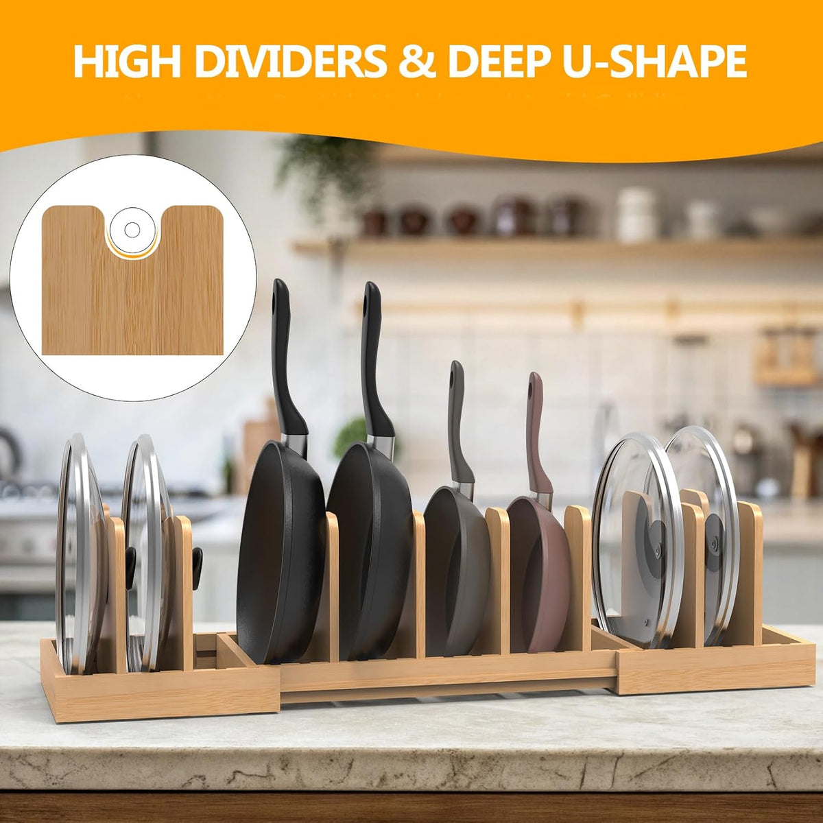 Expandable Pot Lid Organizer with 8 Removable Dividers, Bamboo Pot and Pan Organizer for Kitchen Counter or Cabinet