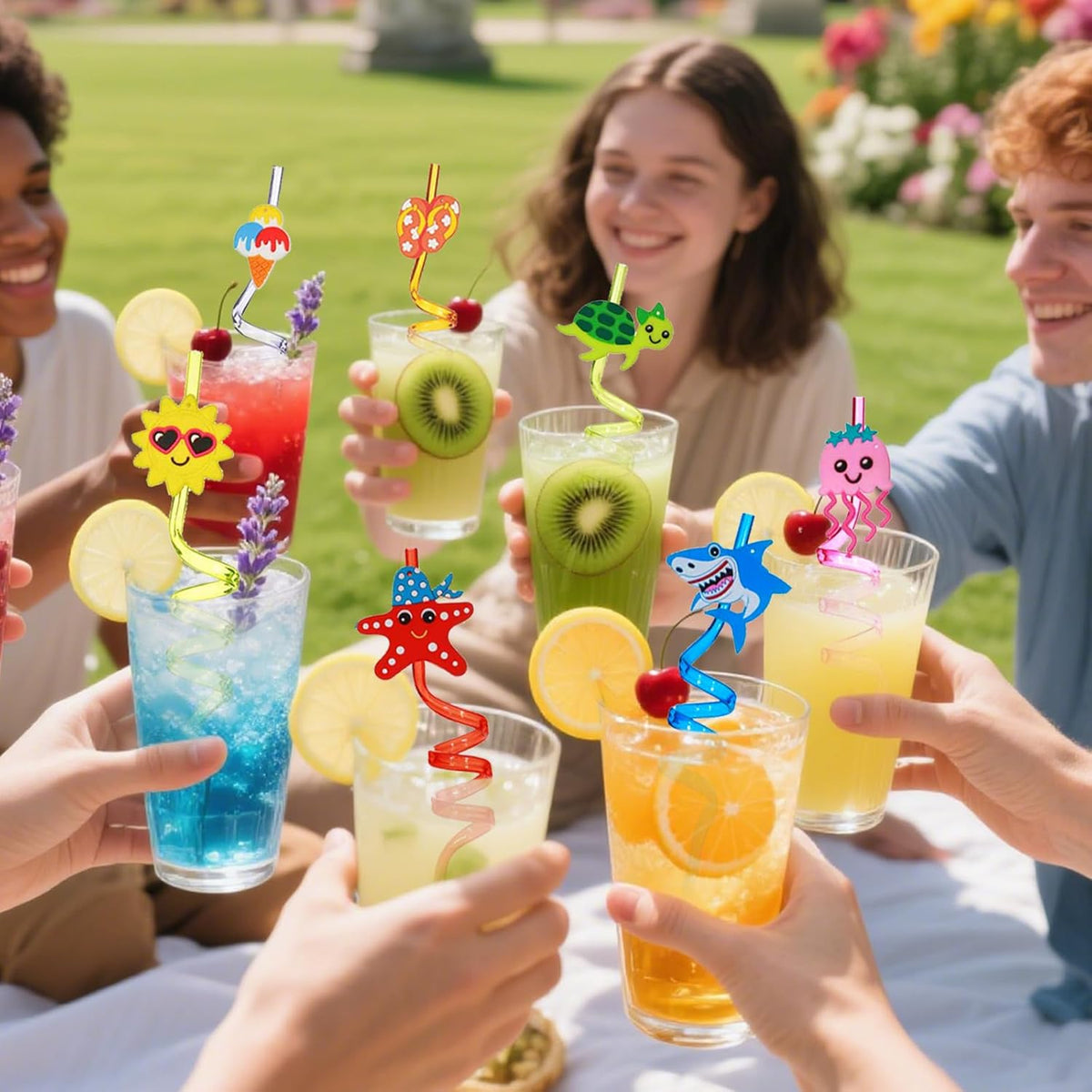 QKP 16PCS Reusable Sea Animal Beach Straws, Swirly Drinking Straws for Party Favors, Birthday Party Supplies with 2 PCS Cleaning Brushes(Pink + Blue)