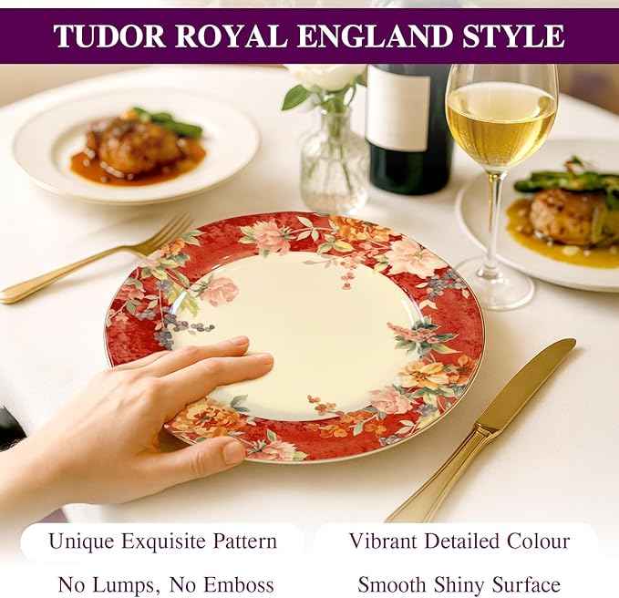 TUDOR Royal Collection 12-Piece Round Porcelain Dinnerware Set, Service for 4 with Dinner Plates, Bowls, and Salad Plates, Crimson Summer Floral Unique Design, Gloss Finish, Durable & Premium Quality