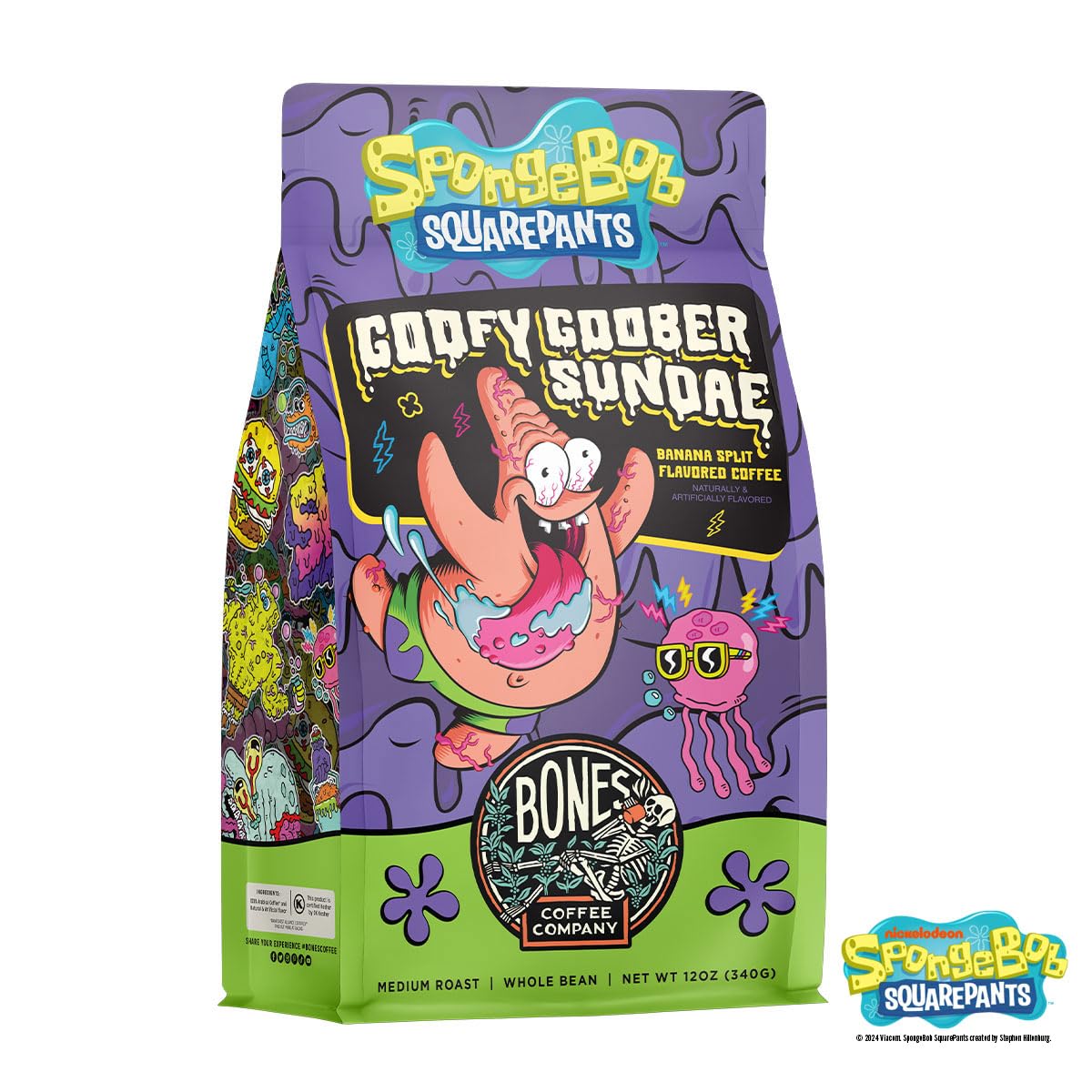 Bones Coffee Company Spongebob Goofy Goober Sundae, Banana Split Flavored Coffee, Medium Roast Low Acid Arabica Beans Compatible with Auto drip and French Press Coffee Maker, 12 Oz Whole Bean