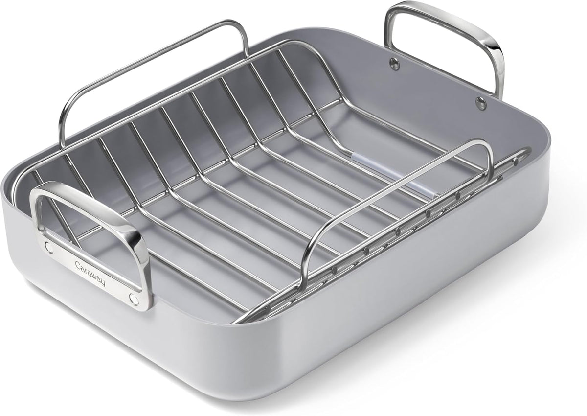 Caraway Roasting Pan - 16x13” Roasting Pan with Rack - Non-Stick Ceramic Coated - Non Toxic, PTFE & PFOA Free - Oven Safe & Compatible with All Stovetops - Gray