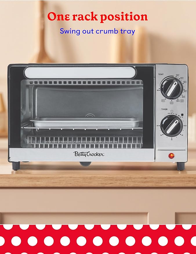 Betty Crocker 9L Toaster Oven, 2-Slice Toaster with Chrome Plated Front, Stainless Steel Handle, Bake, Broil & Toast Functions, Easy Control Dials, Includes Baking Pan & Rack, BC-5665B, Black/Silver