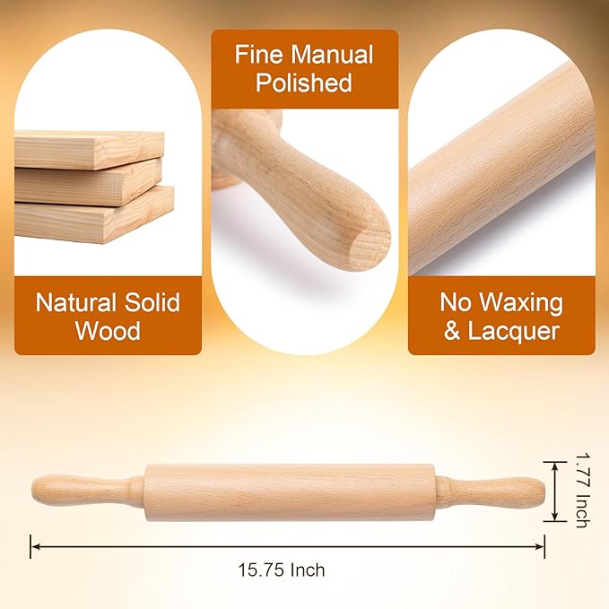 AISOSO Rolling Pins for Baking, 15.75 Inches Wooden Rolling Pin with Handles, Classic Nonstick Dough Roller for Fondant Pizza Pie Crust Cookie Pastry, Kitchen Baking Essentials, Light Yellow