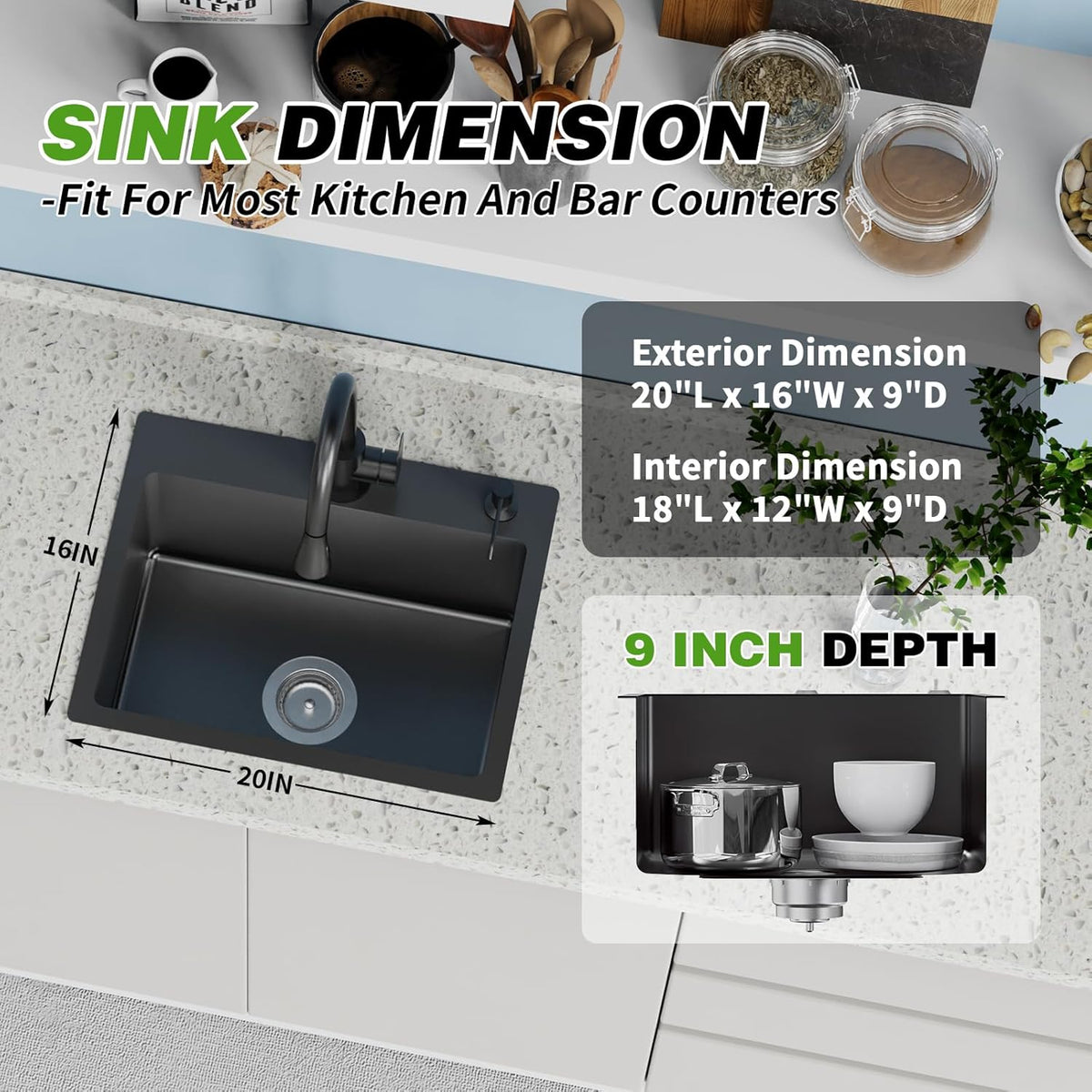 Black 20x16 In Kitchen And Bar Sink- Stainless Steel Drop In Kitchen Sink Modern Single Bowl Topmount Bar Sink With Silicon Mat,Drain Strainer Set Compatibility With Various Kitchen & Bar Style