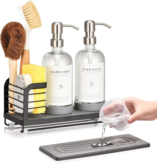 Kitchen Soap Dispenser Set with Drying Tray – 16oz Glass Bottles with Stainless Steel Pumps, Black Sink Organizer Caddy with Brush Holder & Non-Slip Feet – All-in-One Dish & Hand Soap Station