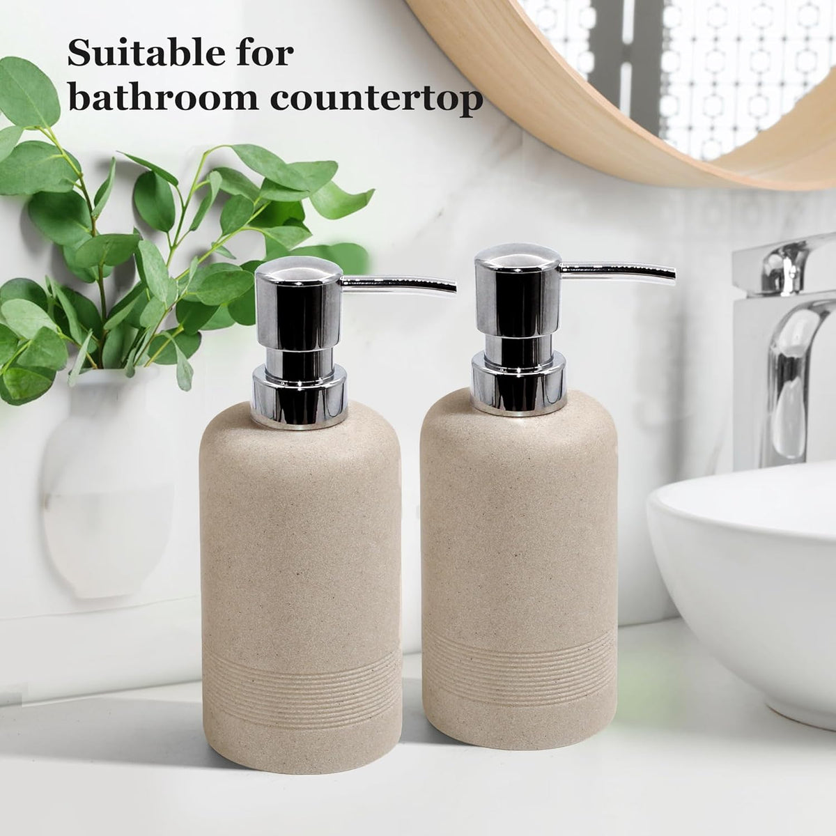 Resin Soap Dispenser Sets, 2 Pcs Heavy Lotion Dispensers,10.8oz Refillable Liquid Soap Dispensers with Rust-Proof Pump for Bathroom Countertop or Kitchen, Stone Beige