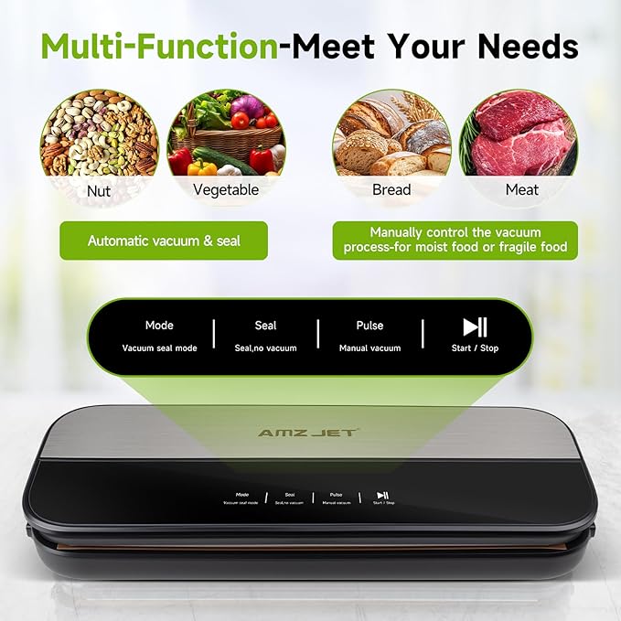 Food Sealer Vacuum Sealer-Tempered Glass Stainless Steel panel, LED Touch Control, Digital Display, Pulse/Moist/Dry/Seal/External Suction Modes, Includes 30 Vacuum Bags & Built-in Cutter (Black Gray)