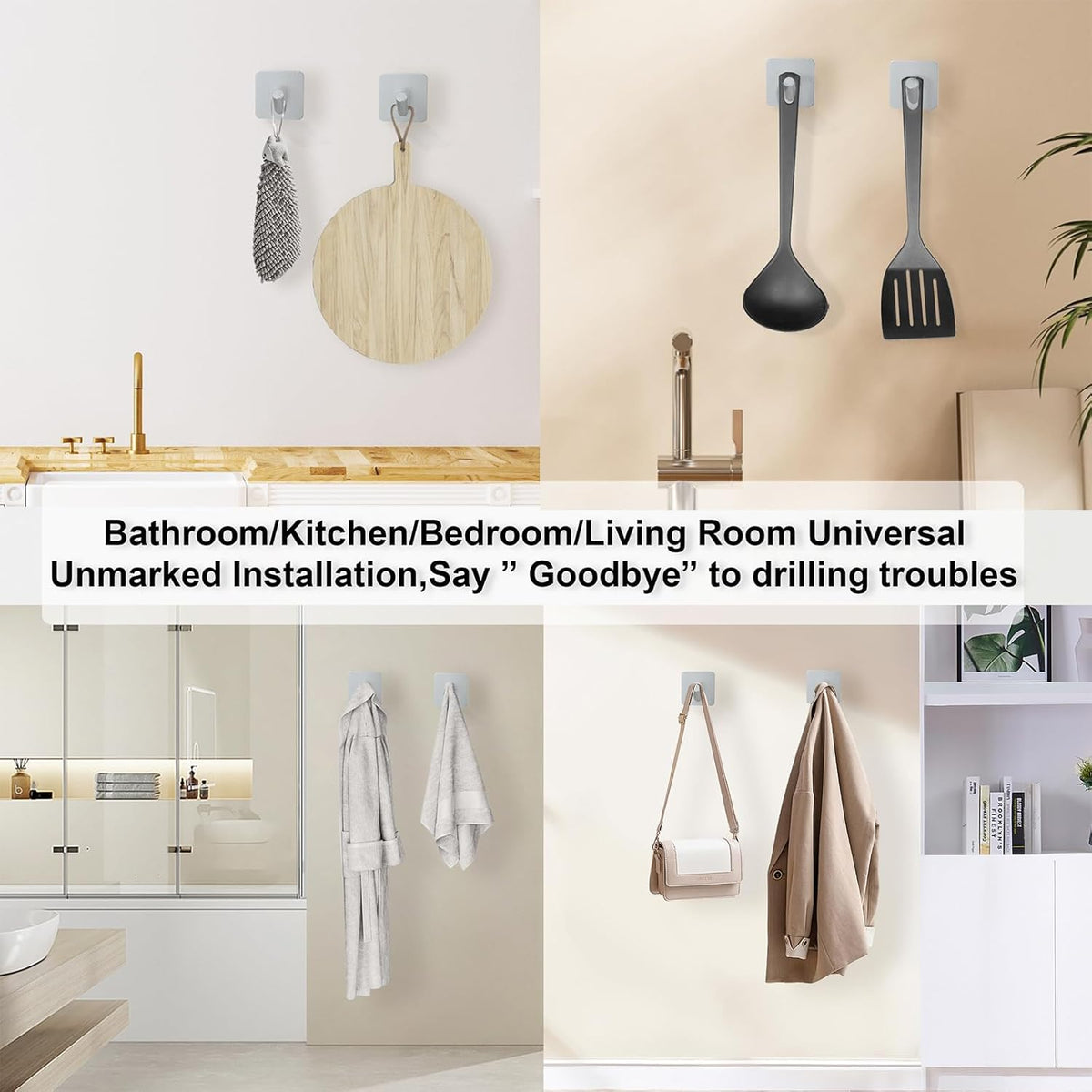 Aluminum Wall Hooks, No Drill Damage-Free Adhesive Hook, Product for Hanging Heavy Duty for Bathroom Kitchen Home (Slanting Square Sliver Hook, 4)