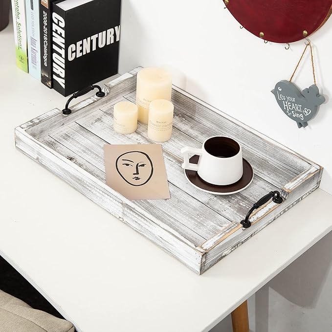 Rustic Vintage Big Wood Food Serving Trays with cutout Metal Handles(20 Inches) large Nesting Board Decorative Serving Trays Platter for Breakfast in Bed, Ottoman, Coffee Table, BBQ, Party(Gray white)