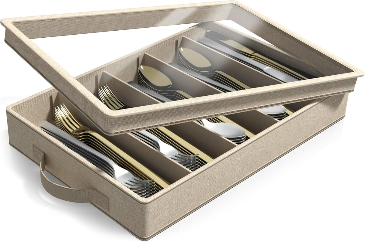 Sorbus Flatware & Utensil Storage - Fabric Chest Box for Storage and Organizing Utensils, Silverware, Flatware, Cutlery - Silverware Organizer Container with Clear Lid & Adjustable Divider