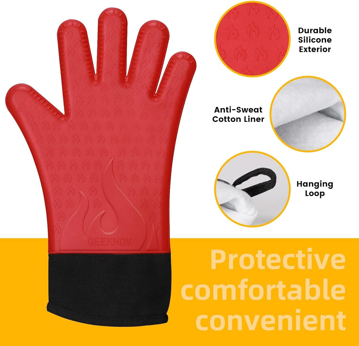 GEEKHOM Silicone Grilling Gloves, Heat Resistant Oven Mitts, BBQ Gloves, Waterproof Non-Slip for Barbecue, Cooking, Baking, Fryer, Red