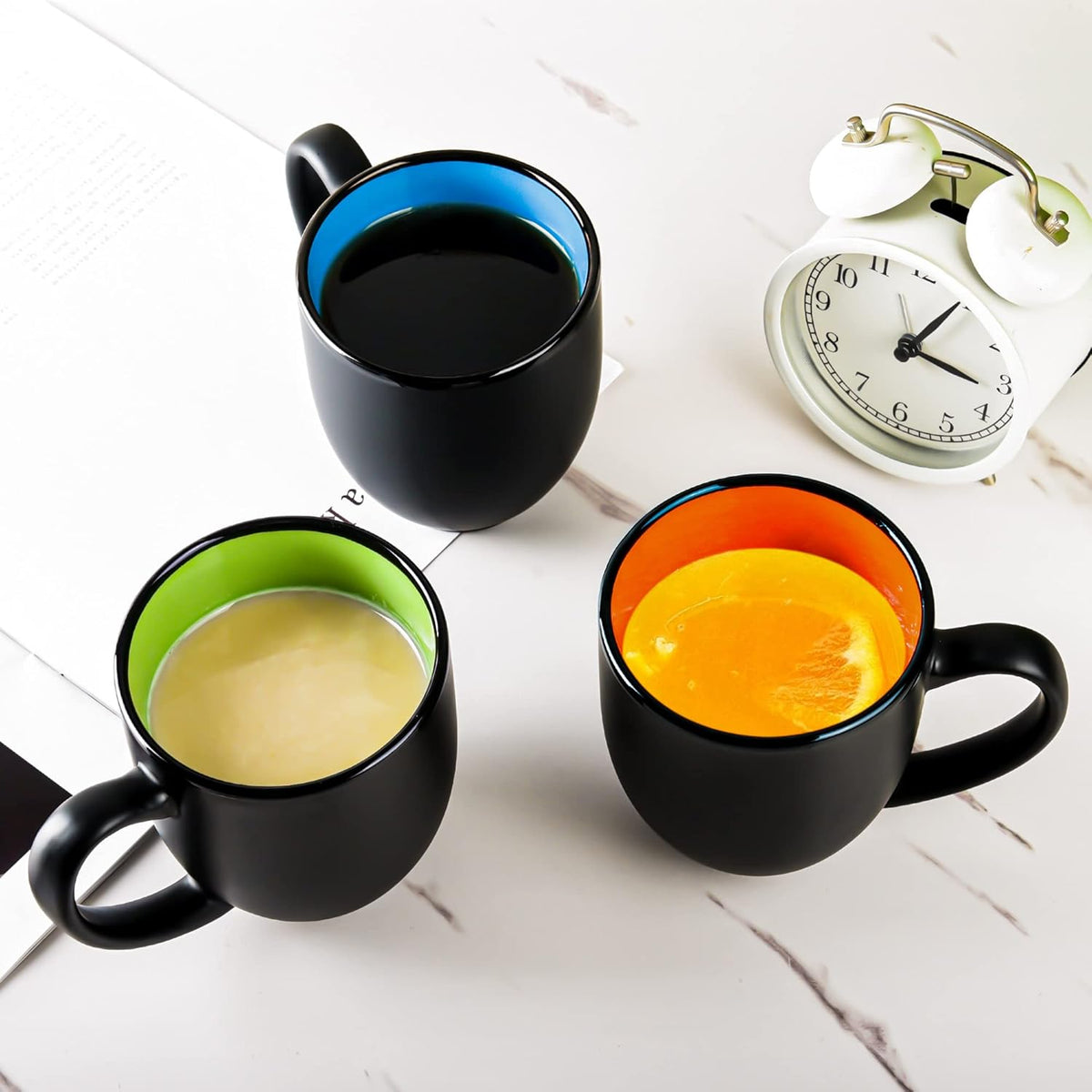16oz ceramic Coffee Mug Sets with Large Handles Matte Black Porcelain Mug Multiple colors Cups for Coffee, Tea, Juice, Cocoa Set of 6 (16oz)