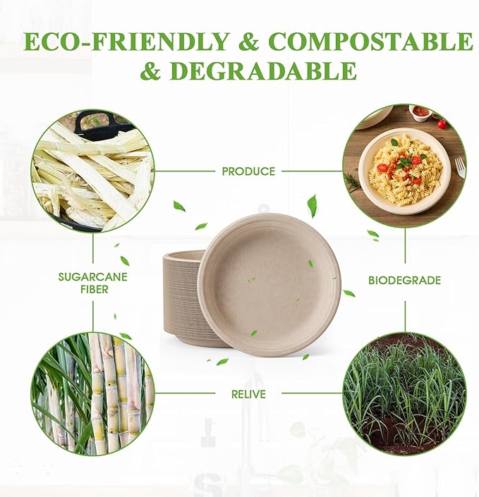 ECOLipak 125 Pack Paper Plates 10 inch 100% Compostable, Heavy-Duty Dinner Plates Disposable Bagasse Deep Dish Natural Biodegradable Eco-Friendly Sugarcane (Brown)