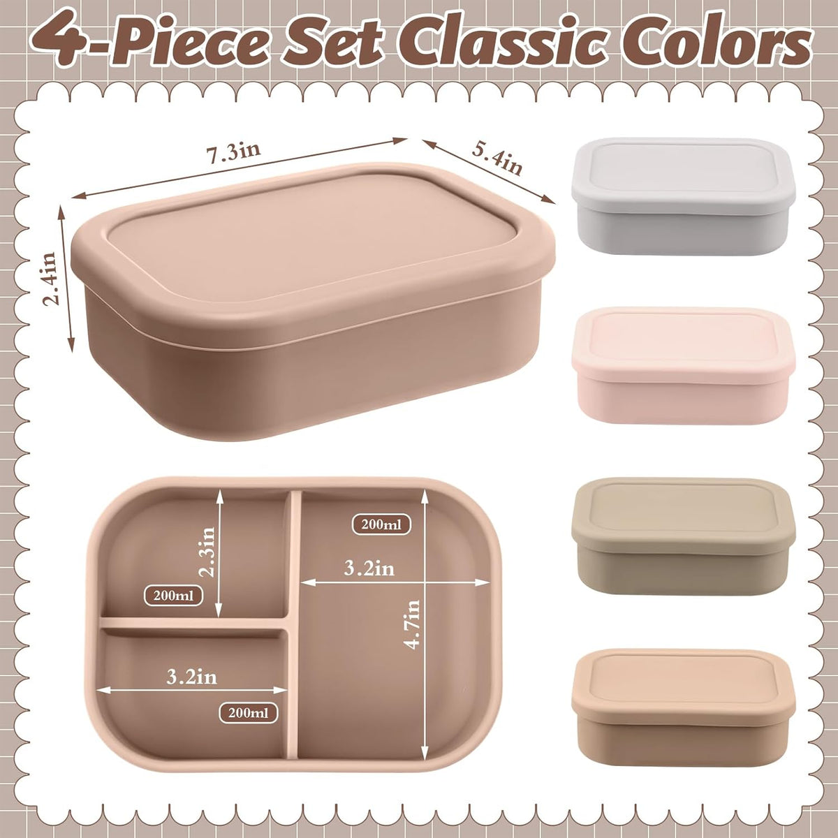 Honeydak 4 Pcs Silicone Bento Lunch Box 3 Compartment Reusable Leakproof Silicone Bento Lunch Container for Adults Microwave Dishwasher Freezer Safe(Bohemian Color)