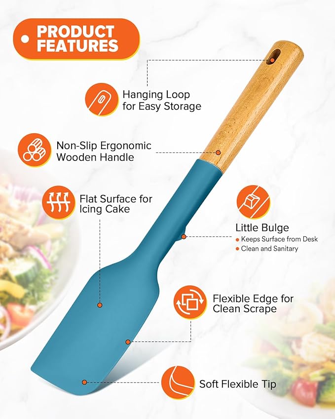 Silicone Spatula Spoon Set, Great for Mixing, Folding, Scraping, and Spreading, Sturdy BPA-Free Matte Silicone, Wooden Handle Rubber Spoonula for Nonstick Cookwares,4 Pack (BLUE)