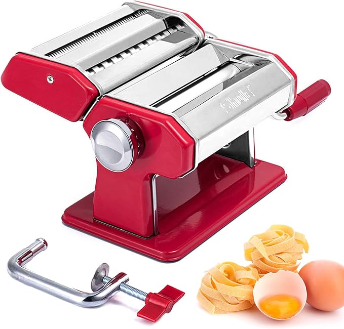 Shule Pasta Maker Machine Stainless Steel Adjustable Pasta Roller and Cutter for Tagliattelle Linguine Lasagna Noodles, Classic Red