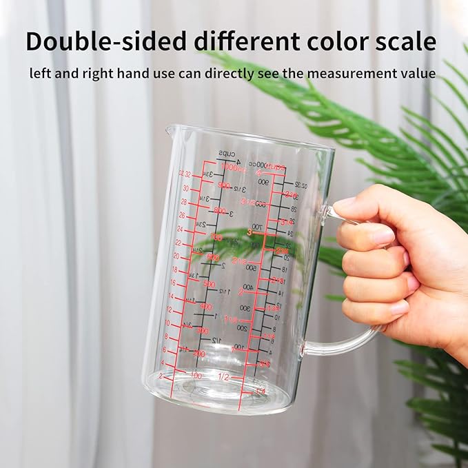 77L Glass Measuring Cup, [Double-Sided Measuring Scale, Insulated handle, V-Shaped Spout], High Borosilicate Glass Measuring Cup for Kitchen or Restaurant, Easy To Read, 1000 ML (1 Liter, 4 Cup)