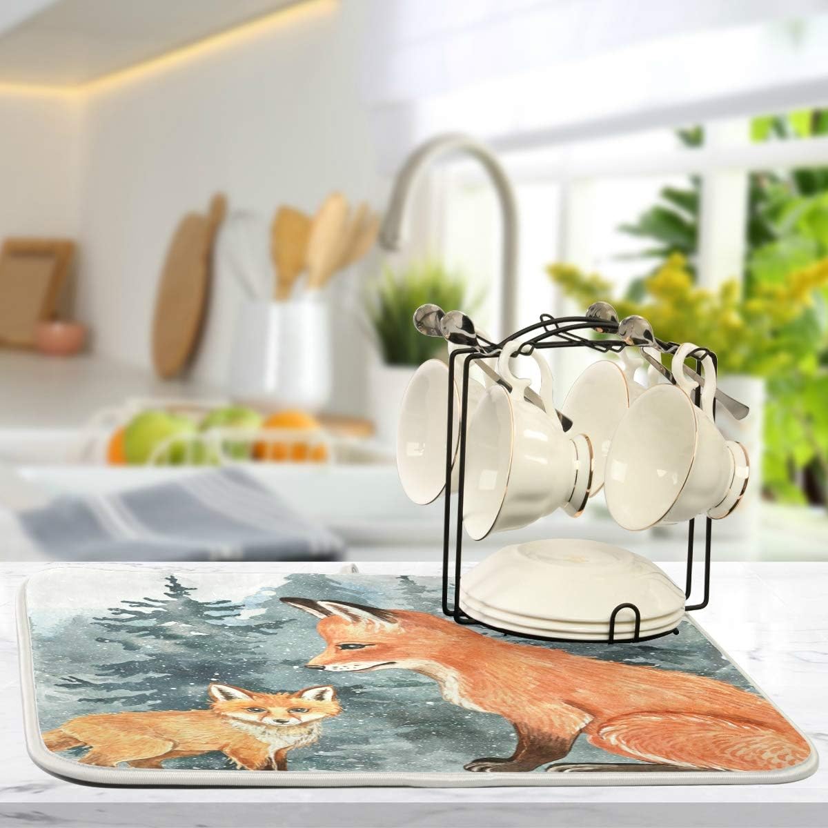 Super Absorbent Dish Drying Mat, Microfiber Fast-Drying Dish Mat, 24" x 18", Kitchen Dish Drying Pad, Watercolor Cute Fox Winter Christmas