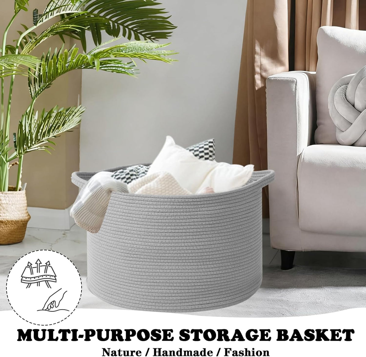 Large Blanket Basket for Organizing,65L Closet Organizers and Storage Bins Box for Shelves Woven Rope Storage Baskets,Living Room,Bedroom,Dorm,Laundry room (Light Grey)