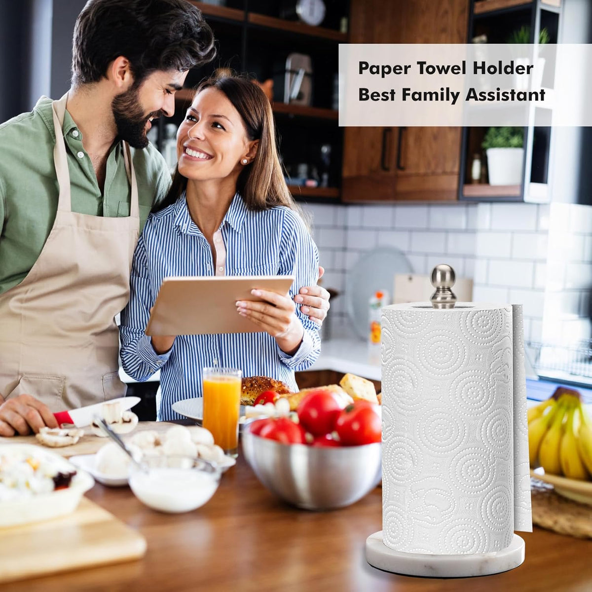 Paper Towel Holder Countertop with Heavy Marble Base, Standing Paper Towel Roll Holder for Kitchen Bathroom, with Weighted Base for One-Handed Operation