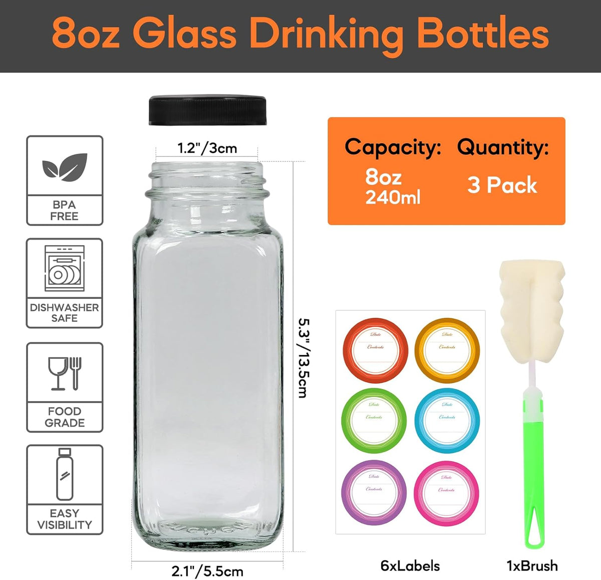 STARSIDE 8 oz 3 Pack Glass Juice Bottles with Lids - Square Reusable Drinking Jars for Juicing, Milk, Kombucha - Includes 1 Bottle Brush, 6 Colored Labels
