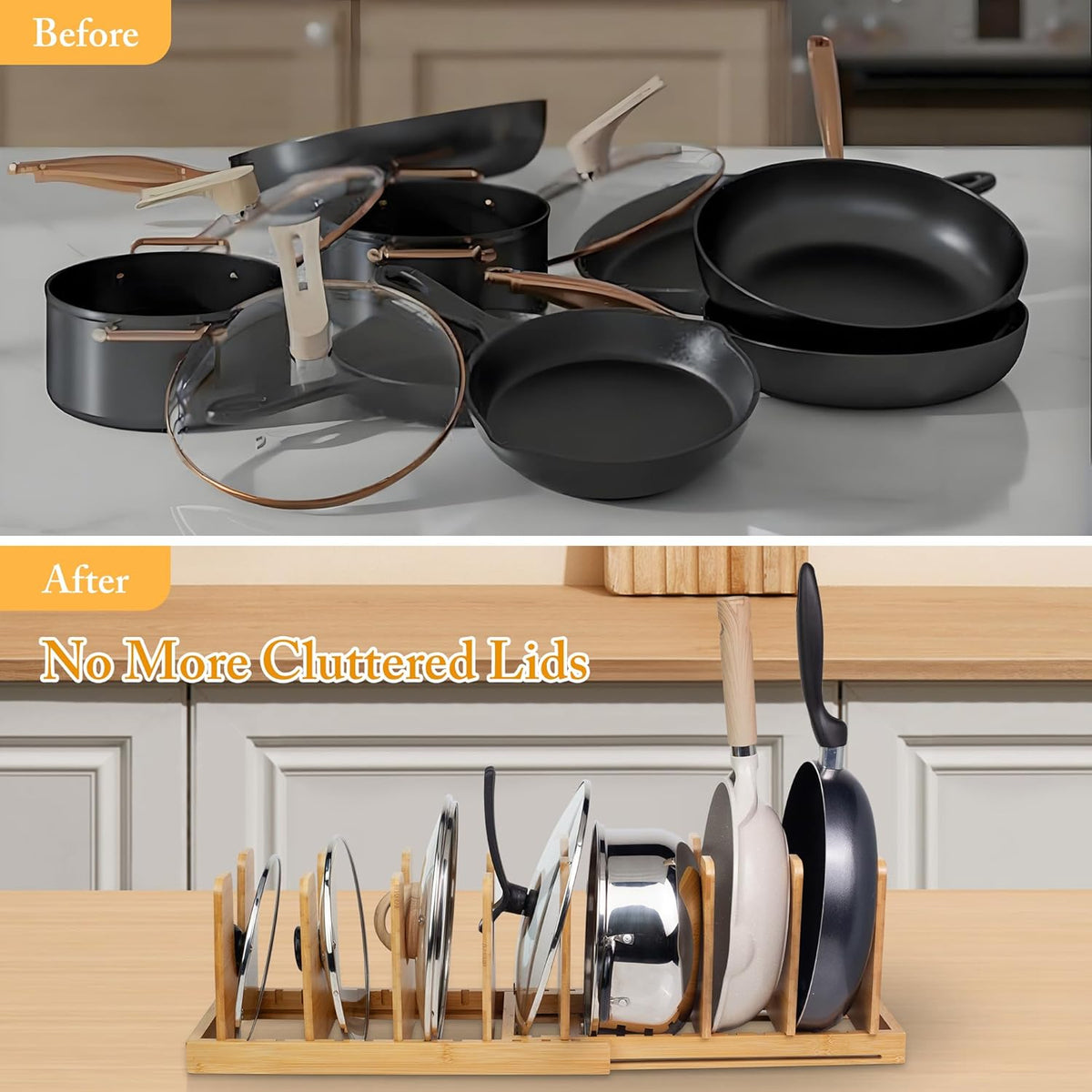 MinBoo Bamboo Expandable Pot Lid Organizer, Pot and Pan Organizer Drawer Organizer for Pot Lids, Adjustable 8 U-Shaped Dividers for Kitchen Cabinet Organizers and Storage