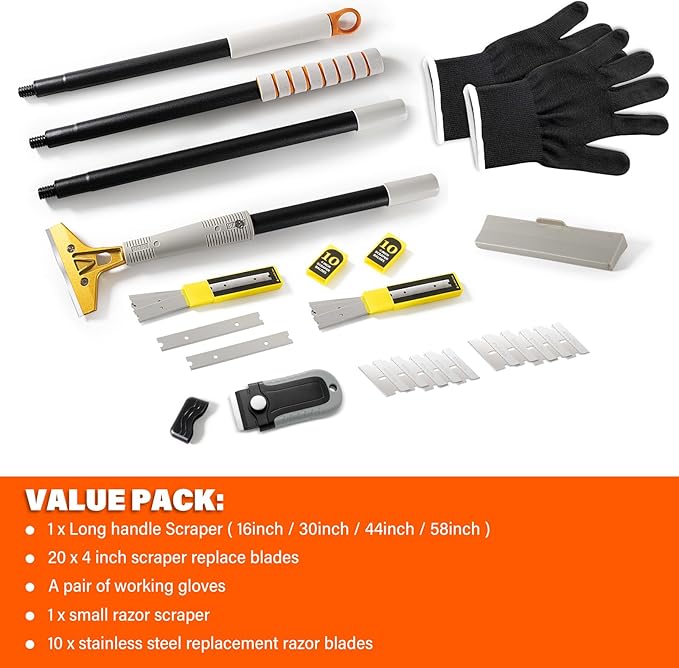 Gomake 4" Wide Razor Blade Scraper Tool with Adjustable 16''-58"(1.3ft -4.8ft) Long Handle, 20PCS Extra Metal Blades, Cleaning Glass Wall Scraper, Painting stripping tools, Tile, Floors, Walls