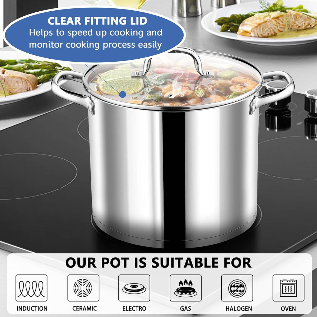 P&P CHEF 12 Quarts Cooking Stock Pot with Lid, Stainless Steel Stockpot Induction Pot for Soup, Tri-Ply Bottom & Clear Glass Lid & Double Handle, Dishwasher Safe