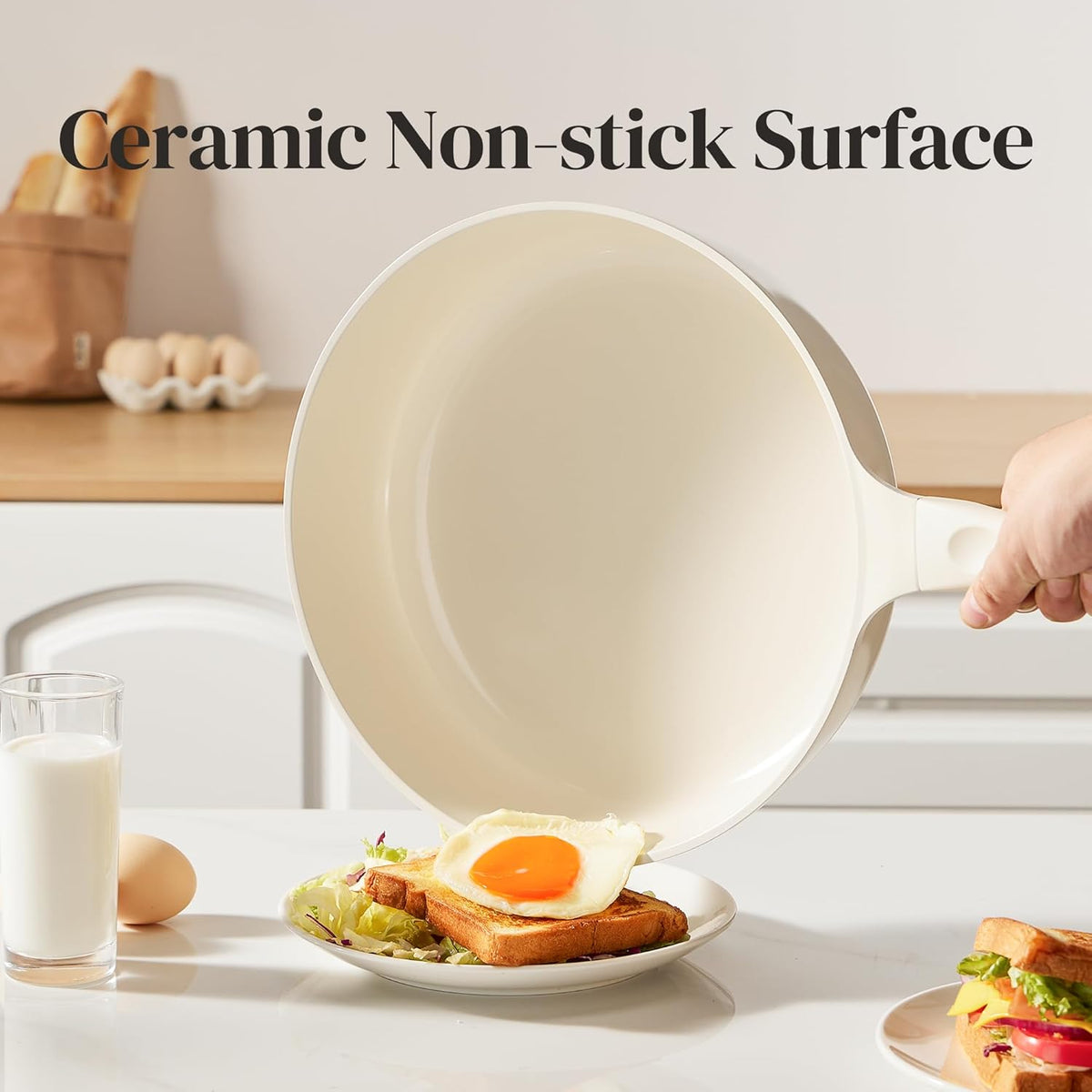 Redchef Ceramic Frying Pan with Glass Lid, Nonstick Deep Saute Pan for All Stovetops, Healthy Cooking Pan, Ergonomic Handle, Fast Even Heating, Splatter Prevention, Oven Safe, Beige (5.2Qt, 12")