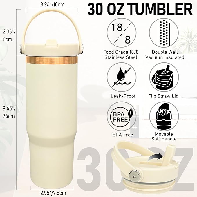 30 oz Tumbler Bulk with Handle and Straw, Vacuum Insulated Tumblers with Flip Straw and Top Handle, Leakproof Powder Coated Tumbler, Stainless Steel Travel Mug for Coffee Water (Cream, 8 Pack)