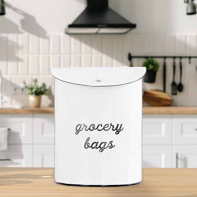AuldHome Design Rustic Grocery Bag Holder; Wall-Mounted Vintage Enamelware Farmhouse Style Plastic Bag Dispenser for Kitchen or Laundry Room
