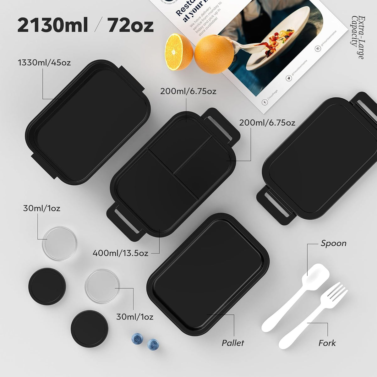 Jelife Adult Bento Box Lunch Box - Large Style Stackable Bento Lunch Box for Adults, 72oz All-in-One 3 Layers Bento Boxes Leak-Proof Lunchbox with Utensil Sauce Containers for Dining Out,Work, Black