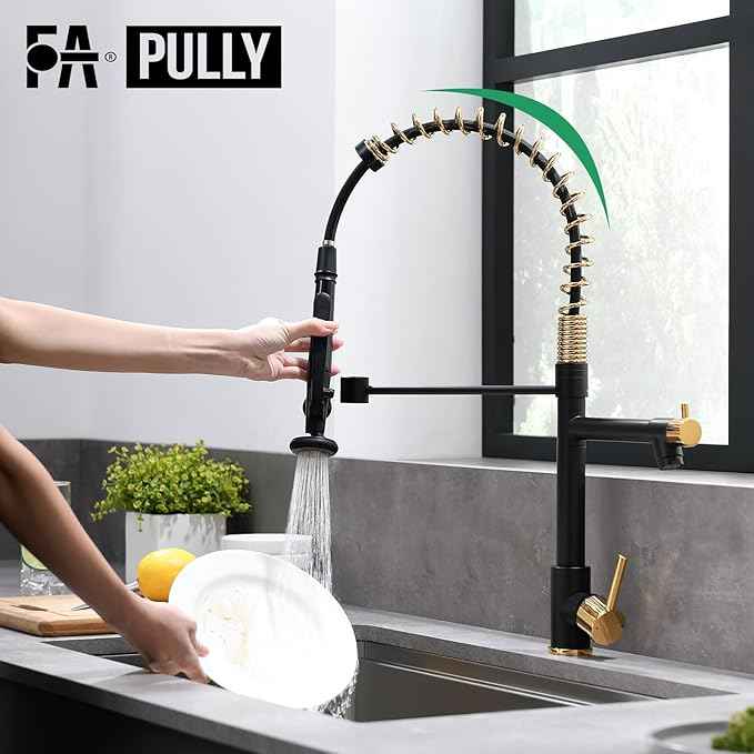 Fapully Black&Gold Kitchen Faucet with Sprayer,Commercial Pull Down Kitchen Faucet for Kitchen Sink