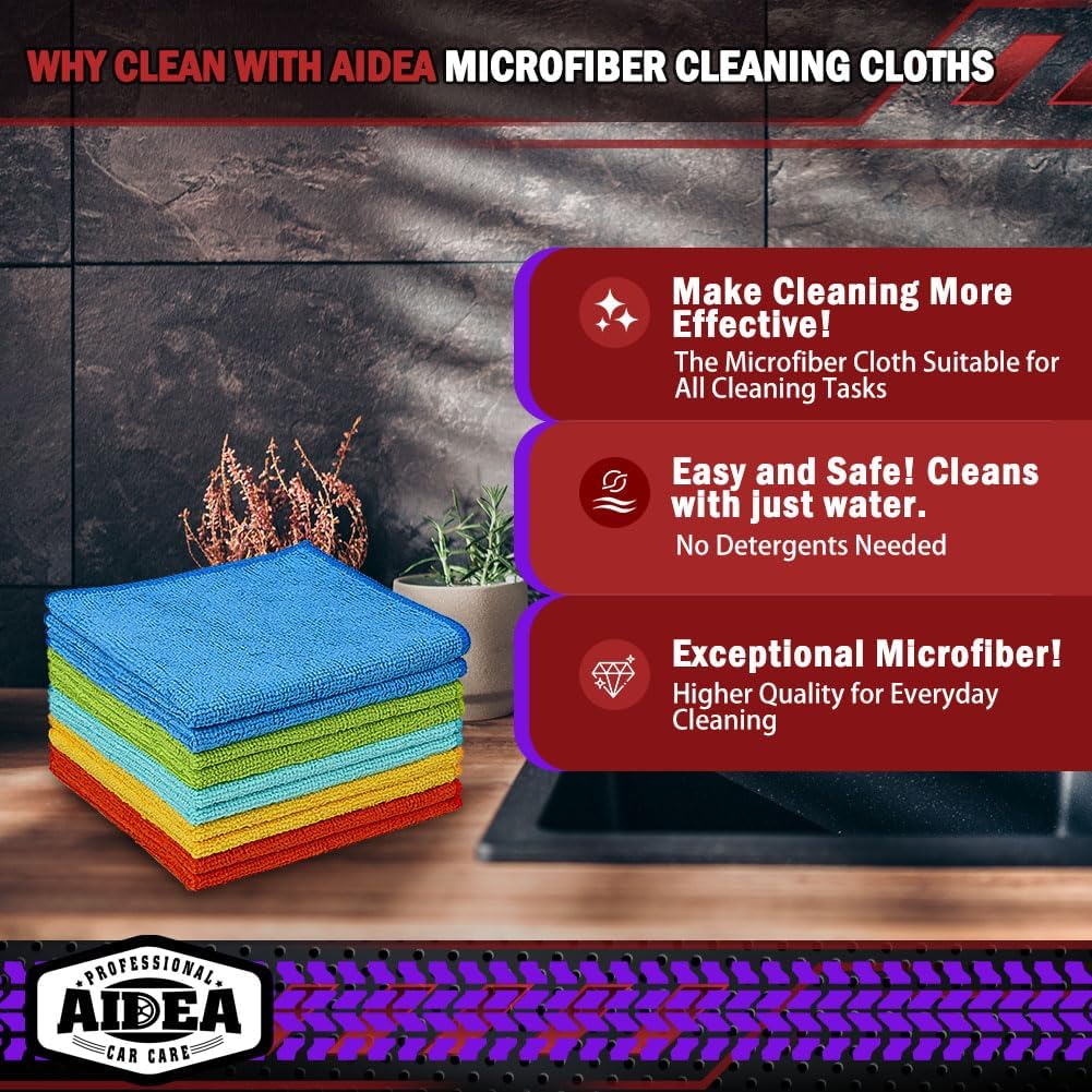 AIDEA Microfiber Cleaning Cloth 10PK, Micro Fiber Cloth for Cleaning Cars, Premium All Purpose Car Towels, Dusting Cloth Cleaning Rags SUVs, House, Kitchen, Window, Workshops, 12"×12"
