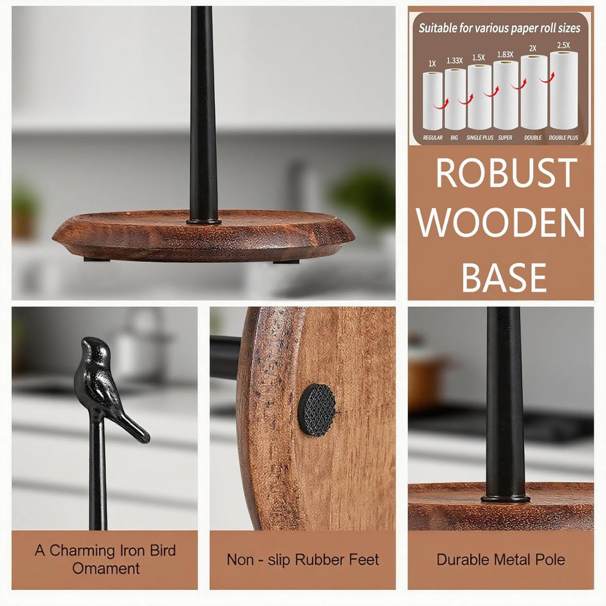 Wooden Cute Bird Shaped Countertop Paper Towel Holder, Solid Wood Base with Iron Rod, with Non-Slip Pad, Stable and Durable, Suitable for Kitchen, Dining Table and Home Decoration (Black-3)