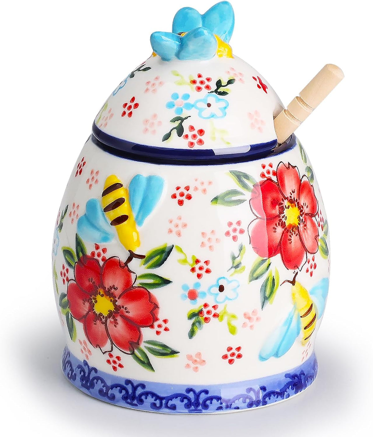 silesia Handmade Honey Jar with Lid, 10 Ounce Ceramic Hand-Painted Honey Containers with Wooden Dipper, Honey Pot Set for Home and Kitchen in Gift Box, Dishwasher Safe, Flowers Red