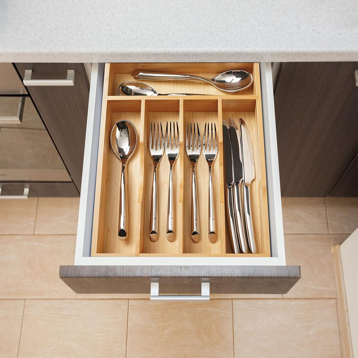 Umilife Kitchen Drawer Organizer, 10 Inch Silverware Utensil Tray Holder, Extra Deep, with Non-Slip Feet & Grooved Drawer Divider, 5 Slots Total Bamboo Wood Caddy for Flatware Cutlery Knives