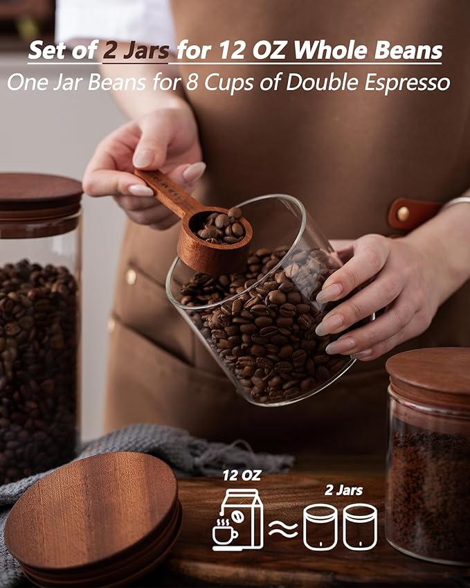 17 oz Coffee Canister with Scoop and Wooden Lids, Airtight Glass Coffee Beans Storage Container Sets of 2 for Ground Coffee,Food Storge Jars for Ground Coffee Bar Cereal Snack