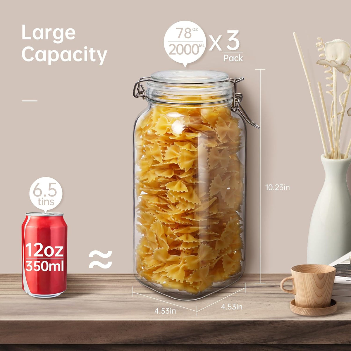 78oz - 3 Pack Square Glass Jars with Airtight Lid, Wide Mouth Mason Jars with Clamp Lids, Air Tight Glass Canisters, Best Food Storage Containers for Flour, Sugar, Cereal, Pasta, Rice, Coffee, Spice